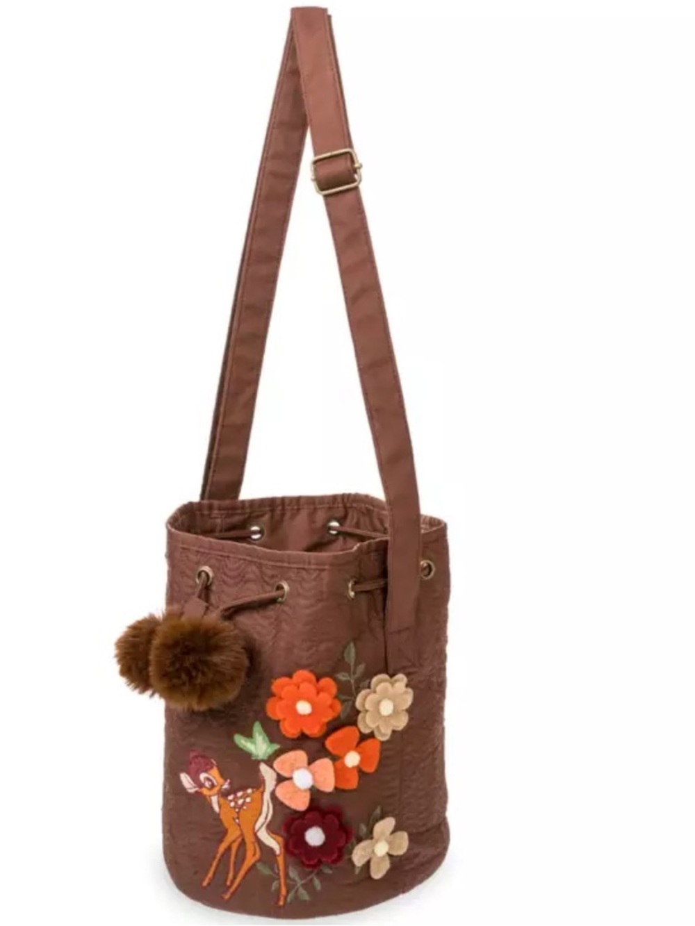 Disney Brown DRAWSTRING CROSSBODY BAMBI EMBROIDERY fur tufts felt flowers NWT
